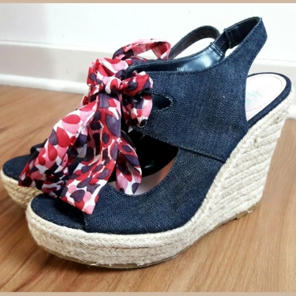 Women's Denim Blue Espadrilles Ribbon Tie Open Toe - Picture 2 of 8